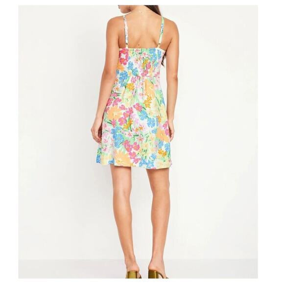 Old Navy Fit & Flare Floral Linen-Blend Mini Dress Size XXL Pockets Pastel Color - Picture 2 of 8